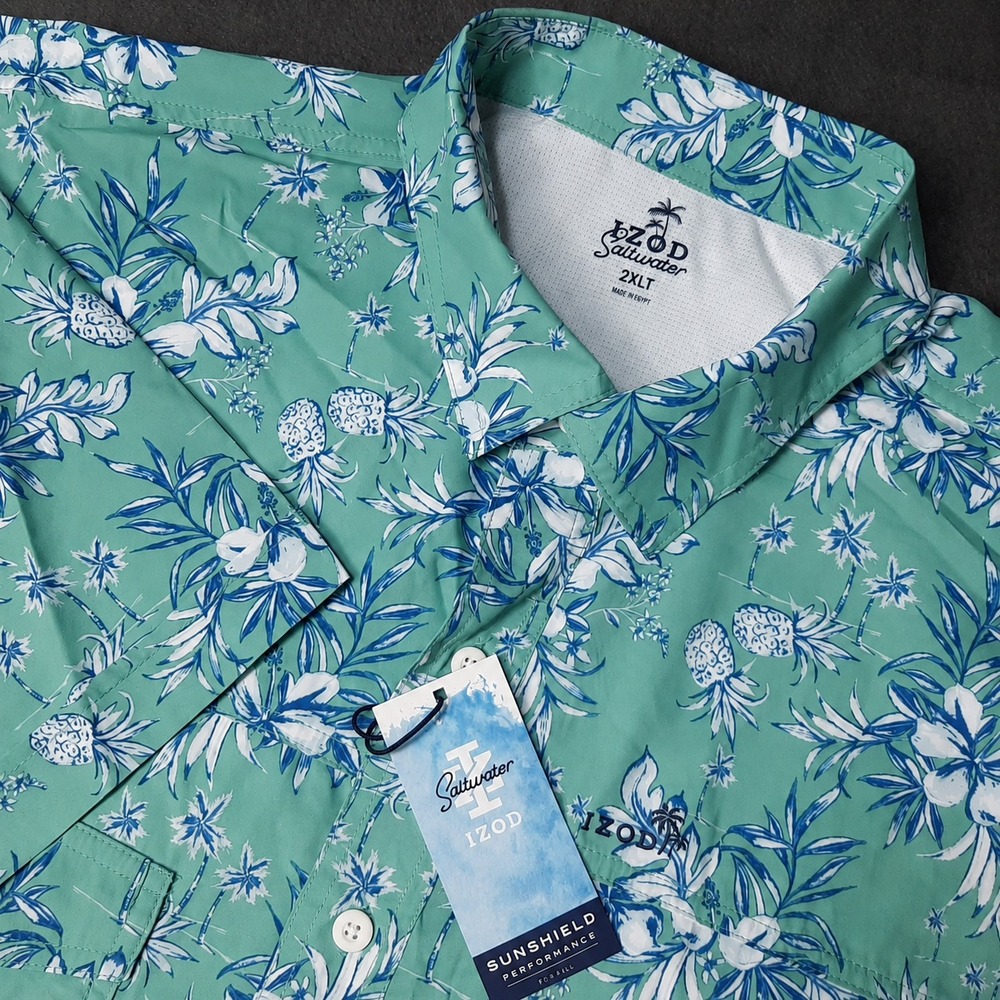 NEW IZOD Saltwater Shirt Mens 2XLT XXLT Tall Green Hawaiian Floral Sunshield
